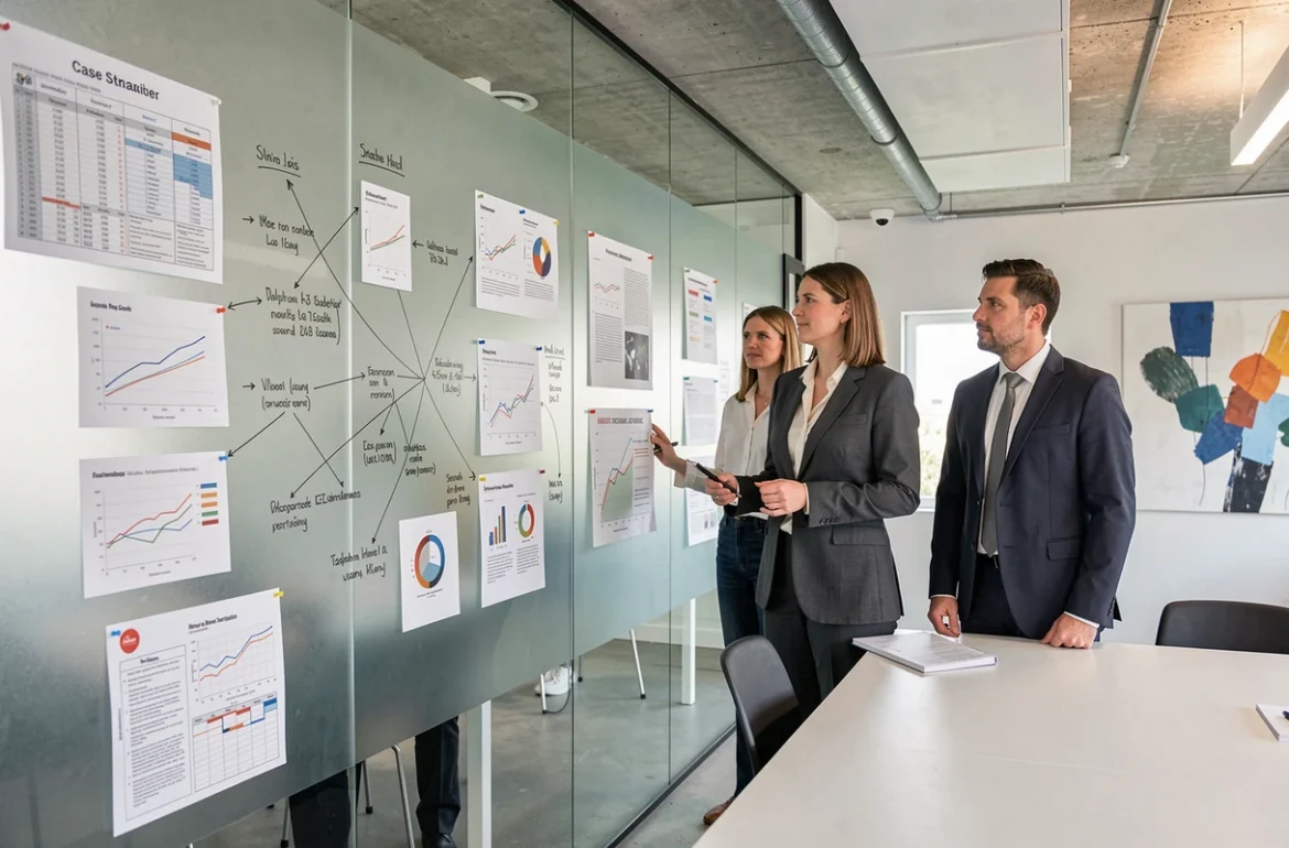 Deux professionnels analysant des graphiques d'indices juridiques et financiers affichés sur une paroi en verre
