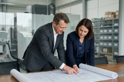 Homme et femme en costume examinant des plans architecturaux