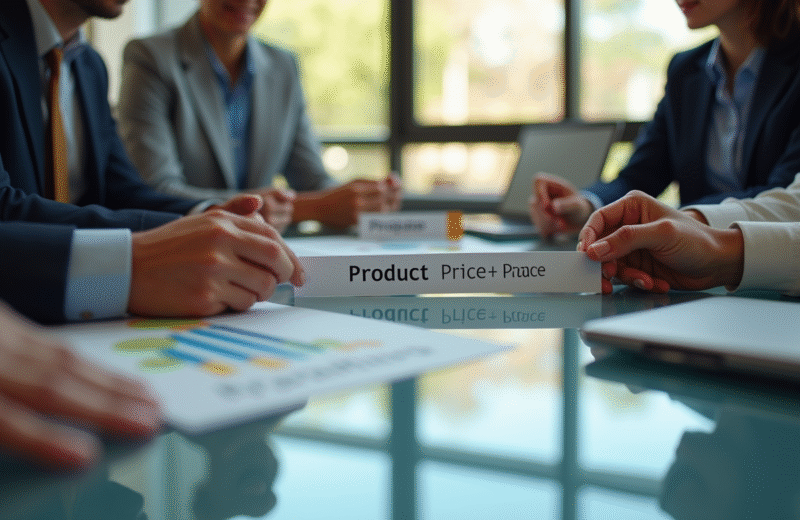 Quatre professionnels collaborant autour d'une table moderne avec cartes marketing