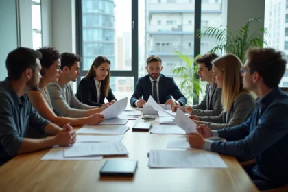 Groupe de professionnels en réunion autour de documents de privacy