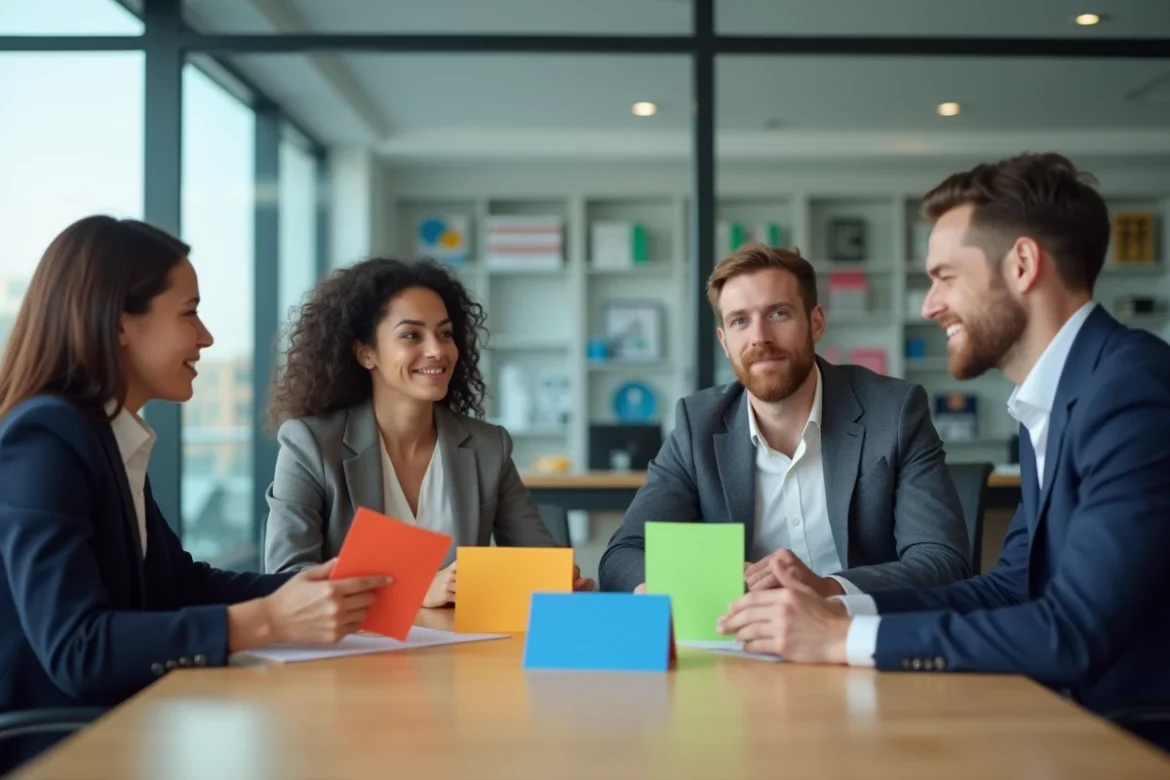 Quatre professionnels en réunion avec cartes marketing