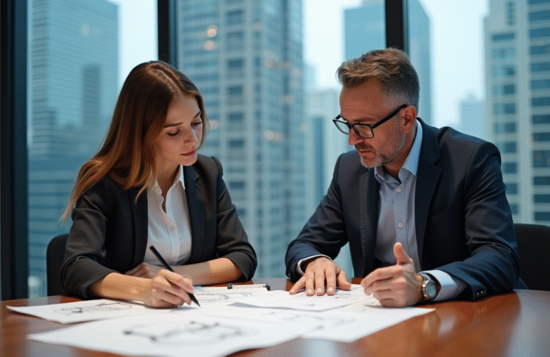 Homme d'âge moyen et jeune femme en réunion d'affaires