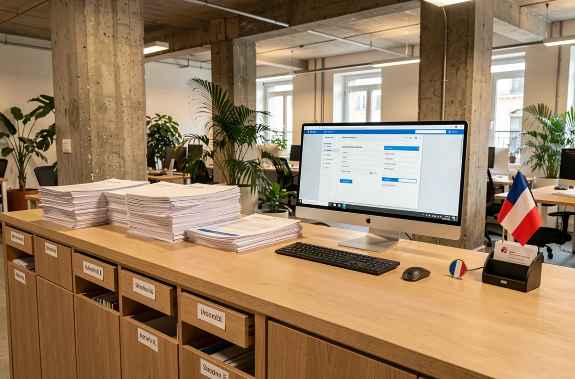 Bureau de réception de domiciliation commerciale à Paris avec courrier trié et écran affichant une adresse d'entreprise enregistrée