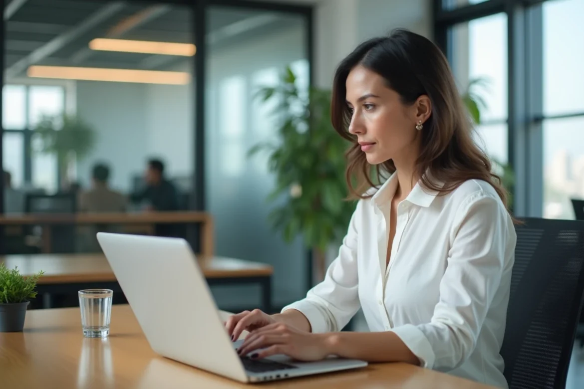 Femme professionnelle rédigeant une publication LinkedIn avec du texte en gras sur son ordinateur portable dans un bureau moderne