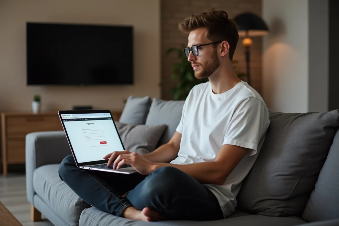 Jeune homme réinitialisant son mot de passe sur un formulaire de récupération de compte depuis son canapé