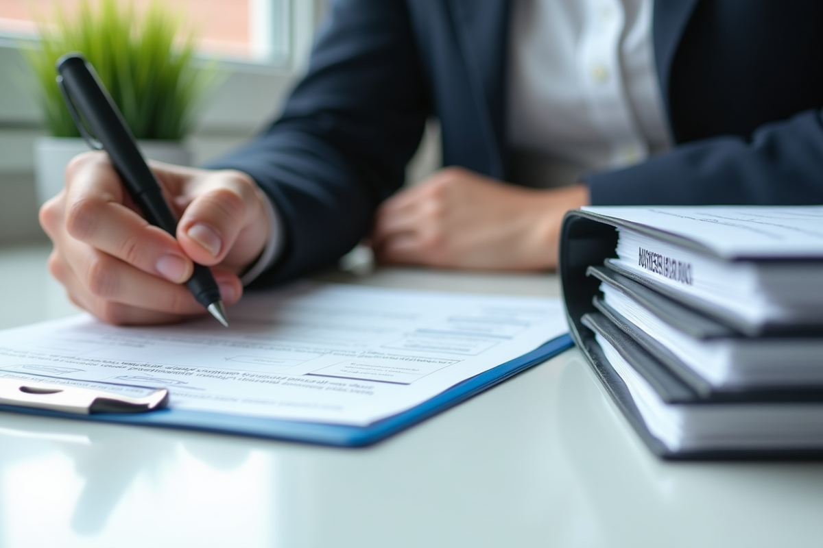 Mains remplissant un formulaire avec dossier d