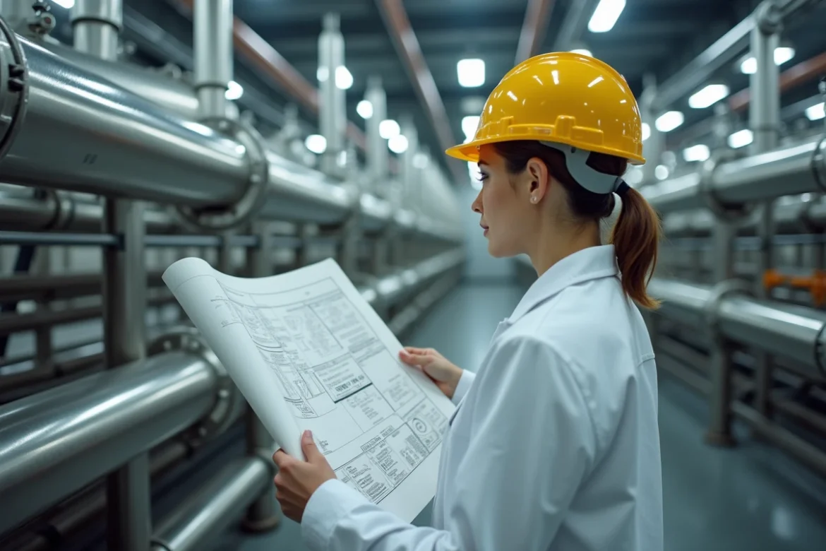 Ingénieure process analysant un réseau de tubes inox dans une usine d'embouteillage agroalimentaire