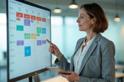 Responsable d'équipe présentant un planning de gestion sur écran mural dans un bureau moderne