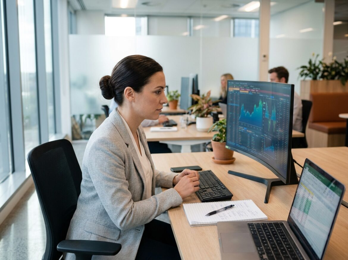 Responsable financière analysant des tableaux de bord de trésorerie sur un grand écran courbe dans un bureau moderne, avec un carnet de notes manuscrites et un ordinateur portable ouvert affichant un tableur Excel