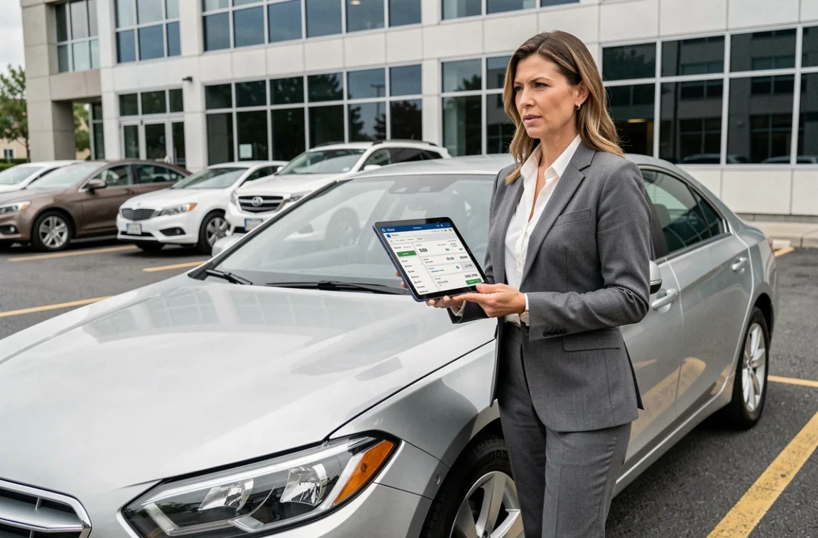 Responsable de flotte automobile PME vérifiant la taxe sur les véhicules de société sur une tablette dans un parking d'entreprise