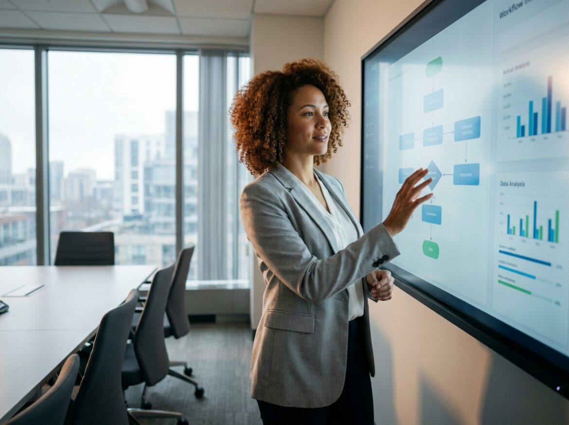 Femme responsable IT présentant un tableau de bord numérique simplifié dans une salle de réunion d'entreprise moderne, illustrant la révolution de la gestion du support informatique