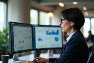 Responsable informatique analysant les évolutions d'un PGI ERP sur un poste de travail en open space moderne
