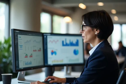 Responsable informatique analysant les évolutions d'un PGI ERP sur un poste de travail en open space moderne