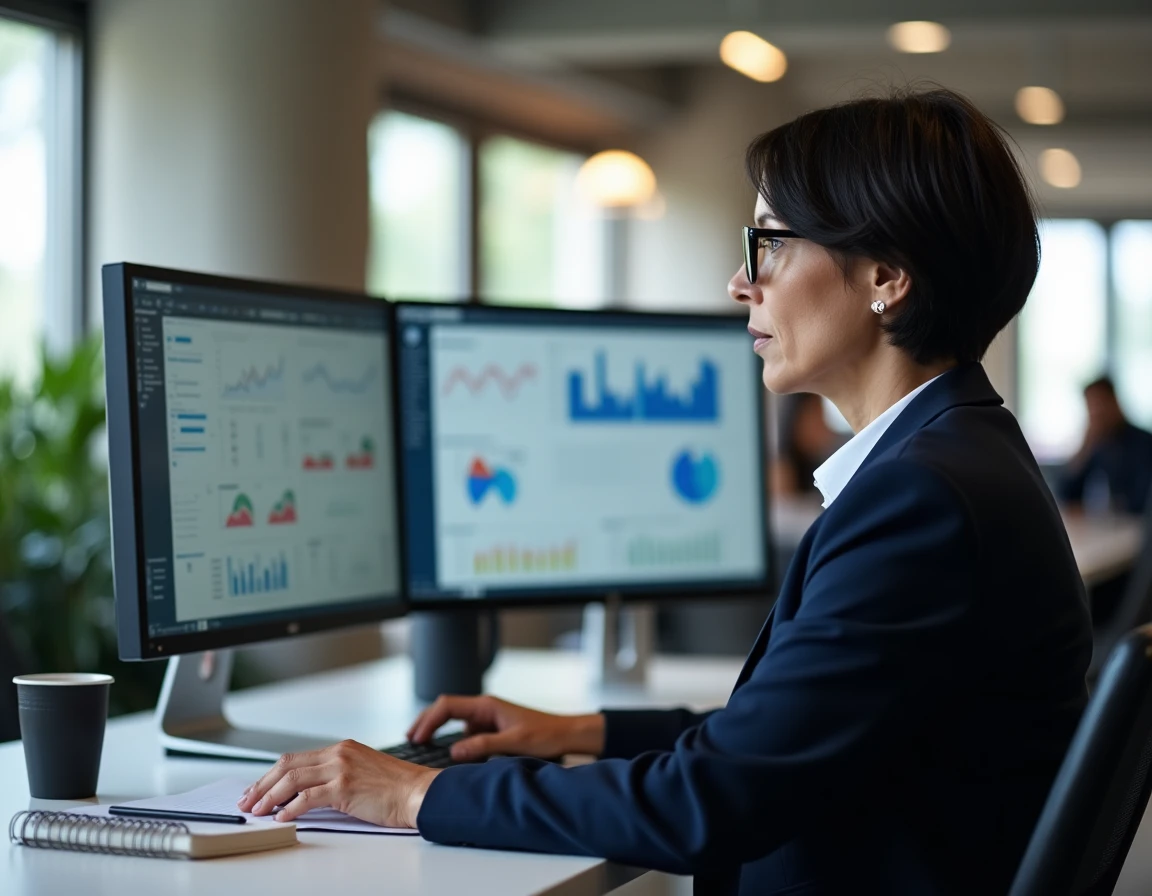 Responsable informatique analysant les évolutions d'un PGI ERP sur un poste de travail en open space moderne