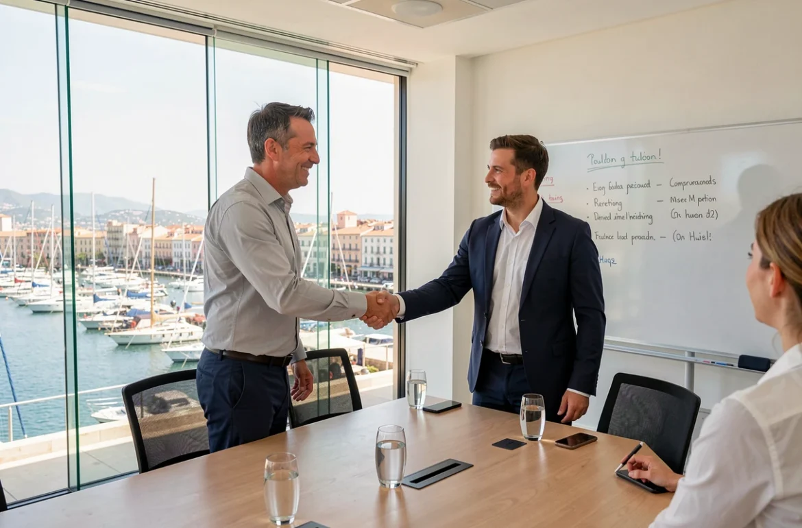 Freelance et conseiller en portage salarial se serrant la main lors d'un rendez-vous professionnel à Toulon