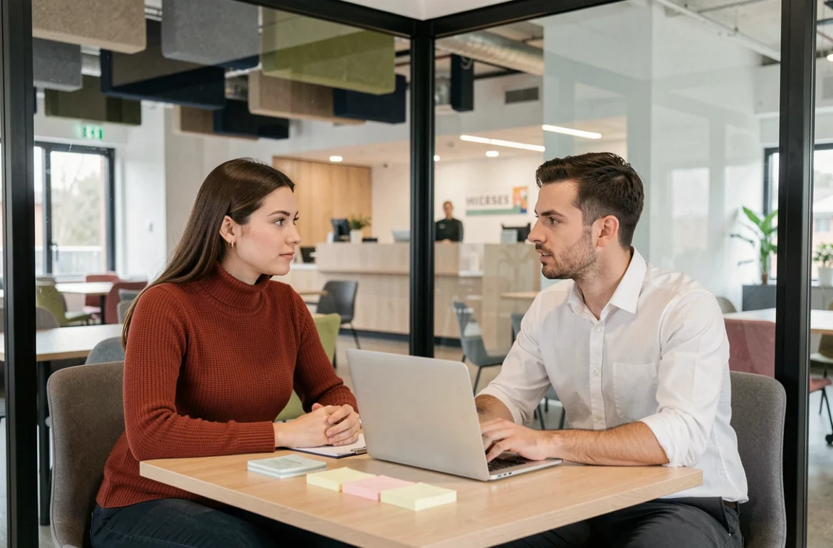 Deux collègues discutant du budget pour un espace de coworking dans une salle de réunion vitrée à La Défense