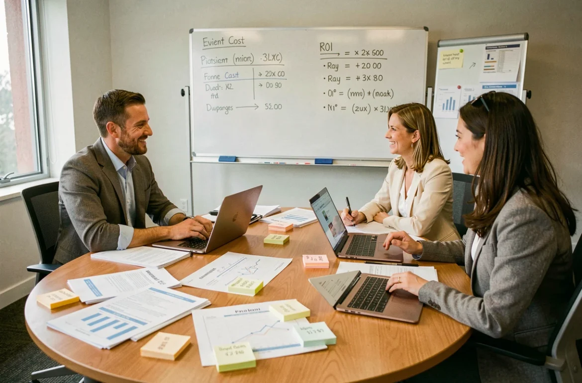 Deux professionnels calculant le retour sur investissement d'un événement d'entreprise autour d'une table de réunion avec des documents budgétaires