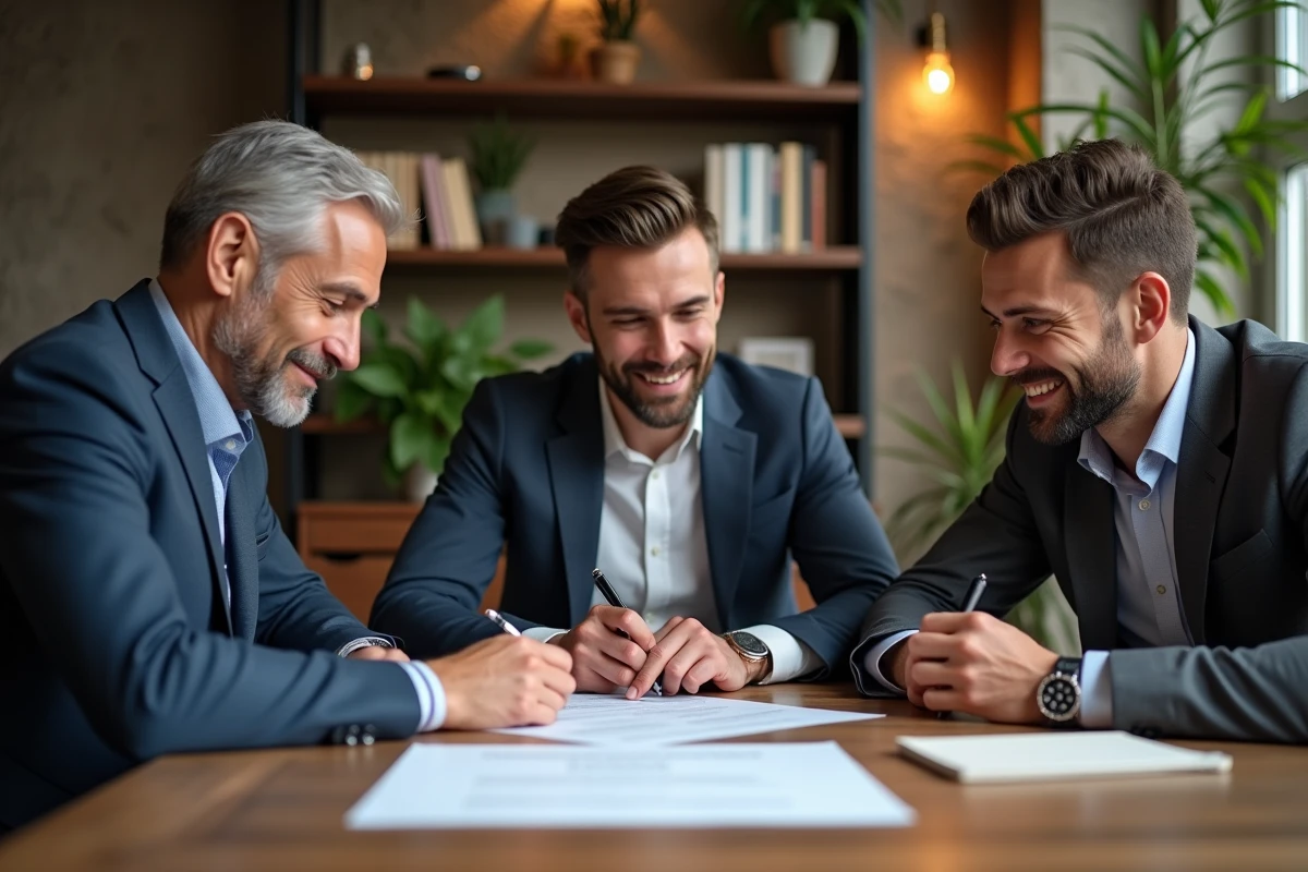 Groupe de collègues examinant un contrat dans une salle chaleureuse