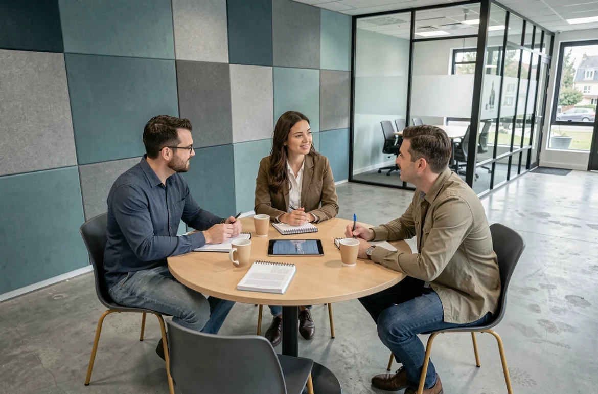 Groupe de professionnels en réunion collaborative dans un espace de coworking à Alfortville
