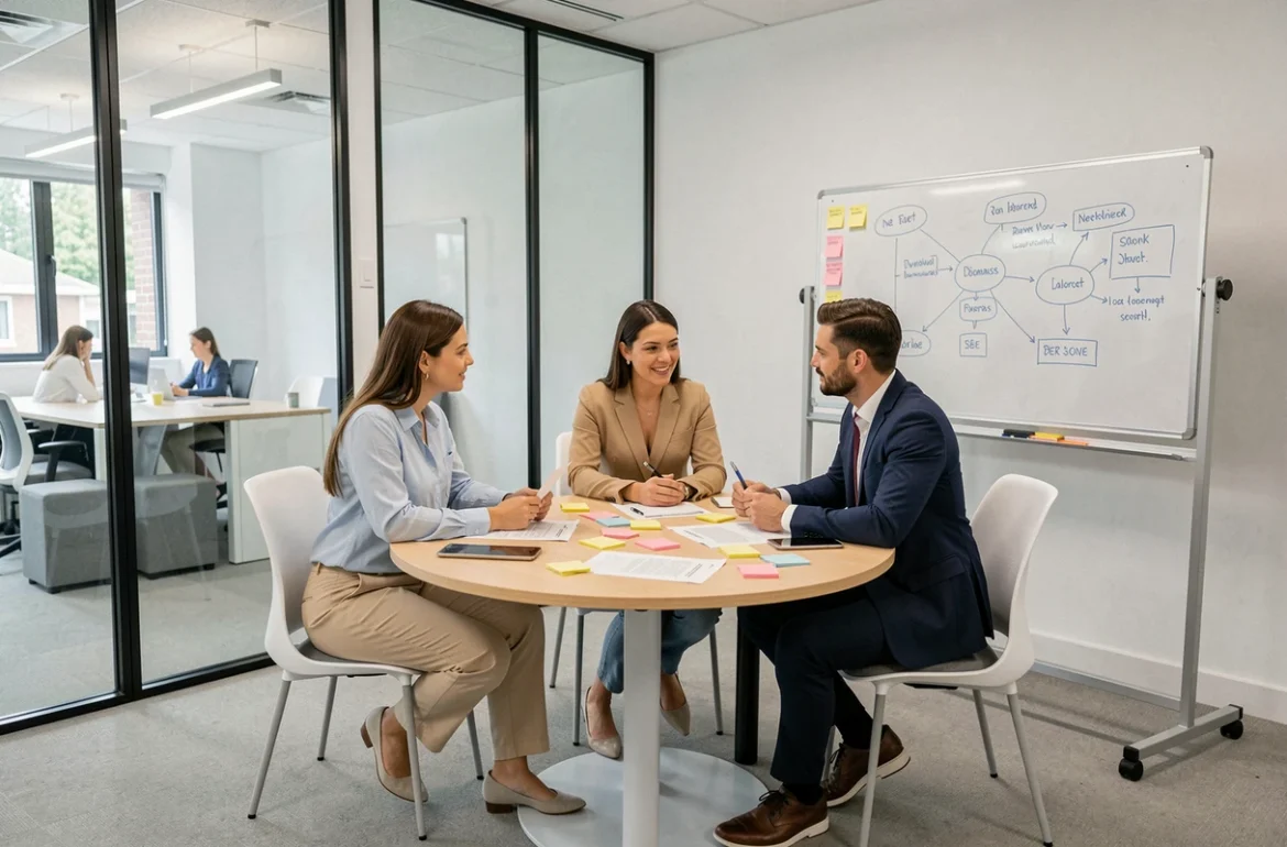 Équipe de professionnels en réunion collaborative dans une salle de l'espace de coworking d'Orvault