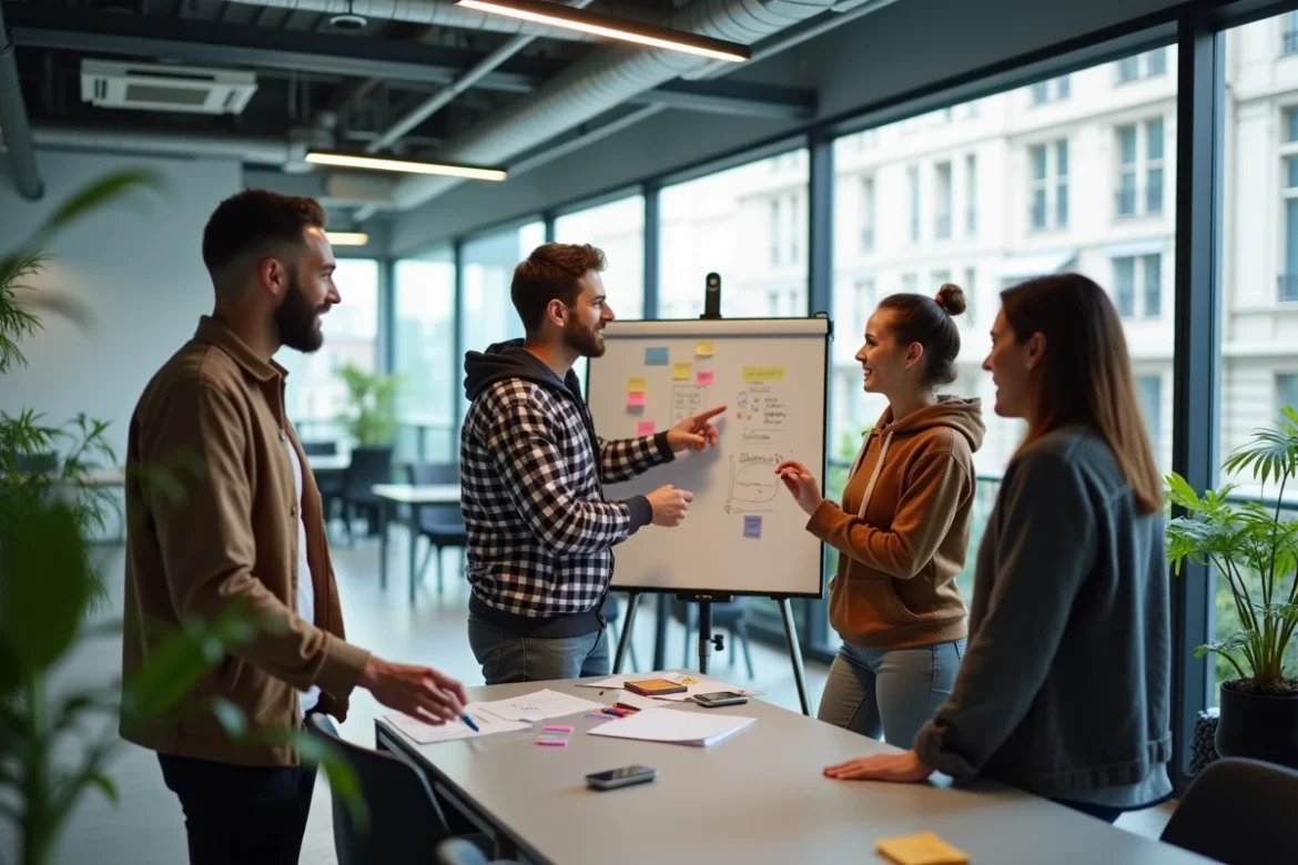 Équipe de startuppers en réunion collaborative dans les locaux de Station F à Paris