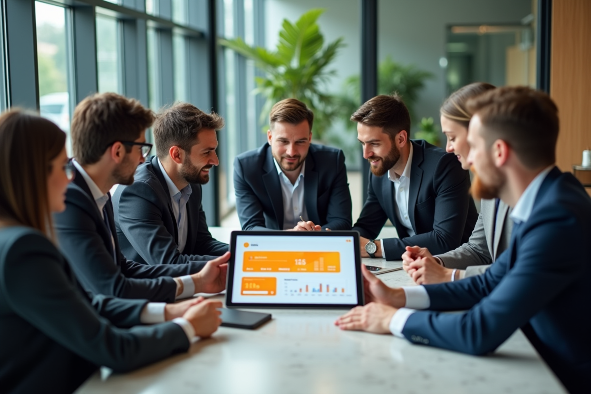 Groupe de professionnels discutant autour d une table avec une tablette
