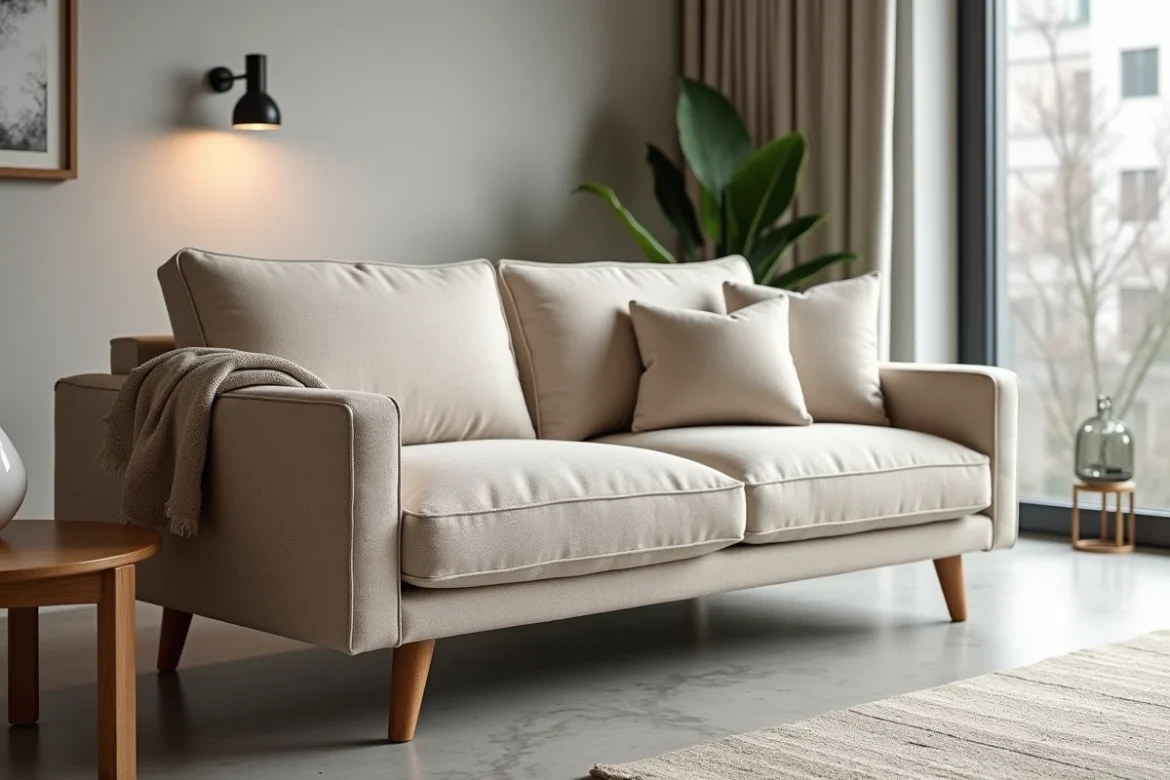 Salon moderne avec canapé deux places en tissu beige durable aux pieds en chêne massif, style scandinave