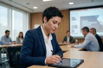 Femme signant une feuille de présence numérique sur tablette lors d'une formation en entreprise