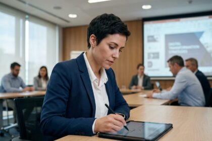 Femme signant une feuille de présence numérique sur tablette lors d'une formation en entreprise