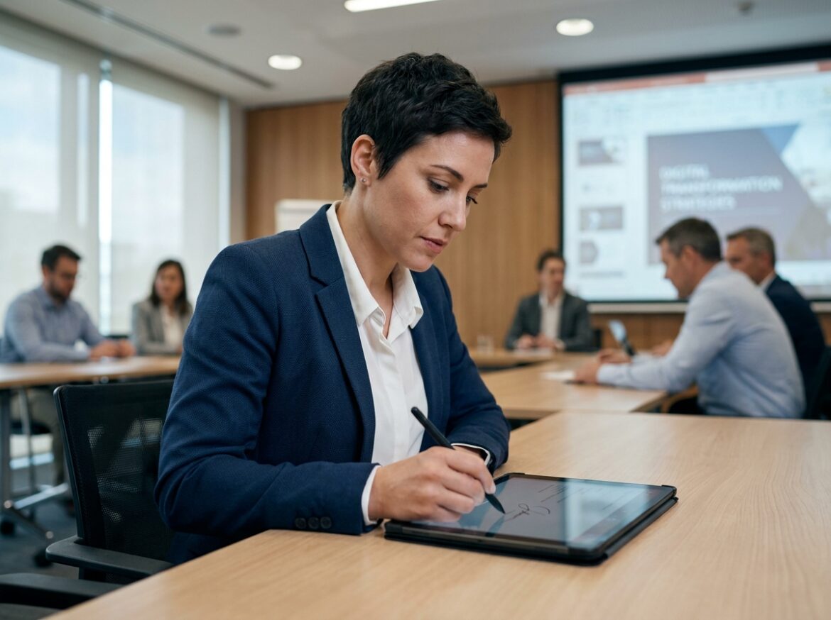 Femme signant une feuille de présence numérique sur tablette lors d'une formation en entreprise