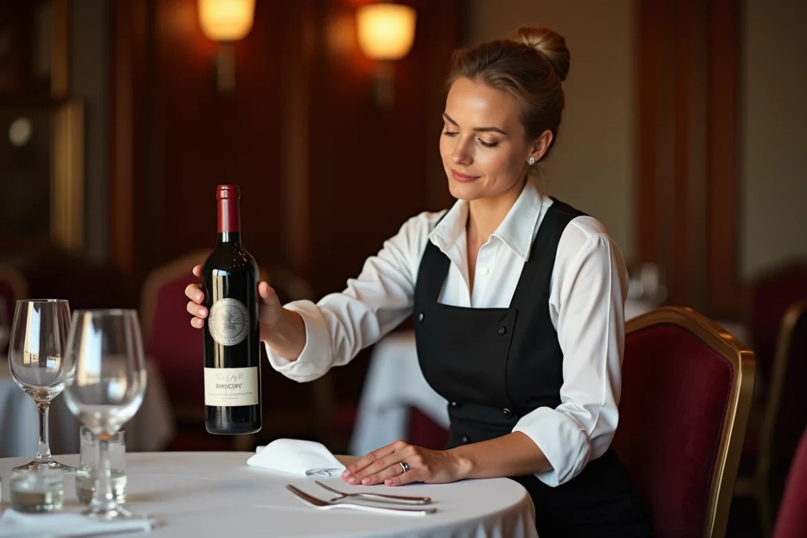 Sommelière professionnelle en hôtel de luxe présentant un grand cru à un client
