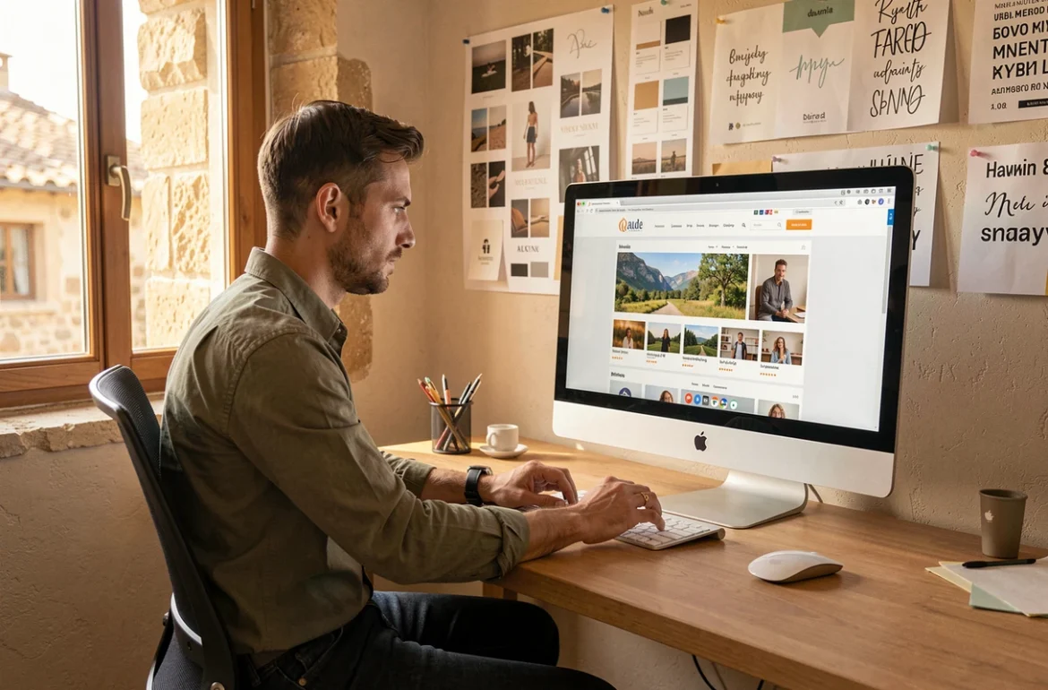 Designer web de Sparkana dans l'Aude travaillant sur une interface e-commerce dans un studio créatif avec des moodboards muraux et des textures en pierre
