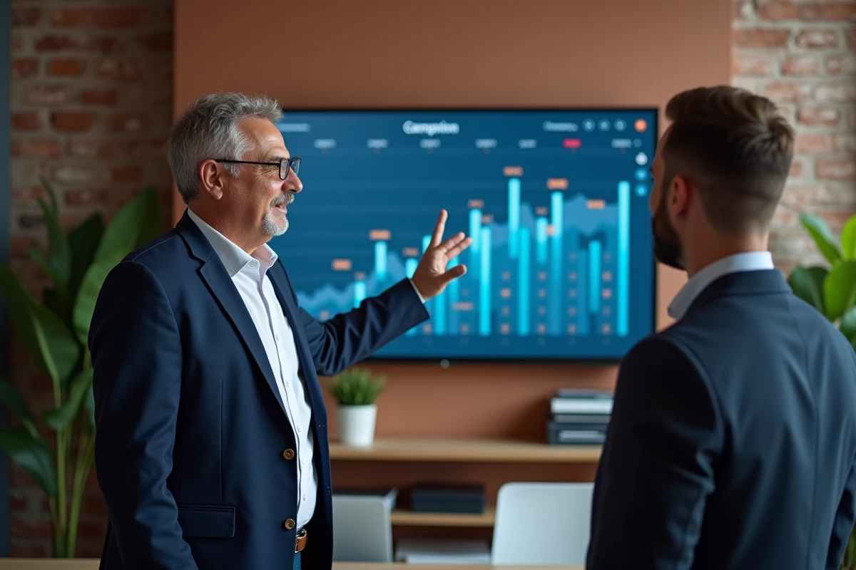 Homme stratège expliquant un tableau de bord marketing à ses collègues