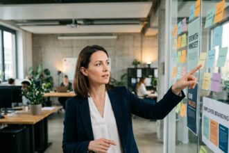 Responsable RH présentant une stratégie de marque employeur sur un mur de post-its dans un open space moderne