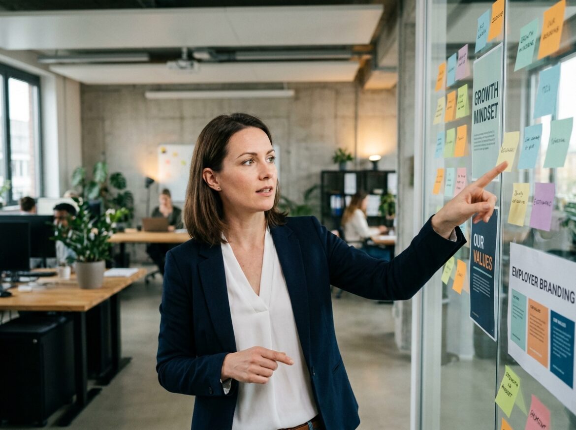Responsable RH présentant une stratégie de marque employeur sur un mur de post-its dans un open space moderne