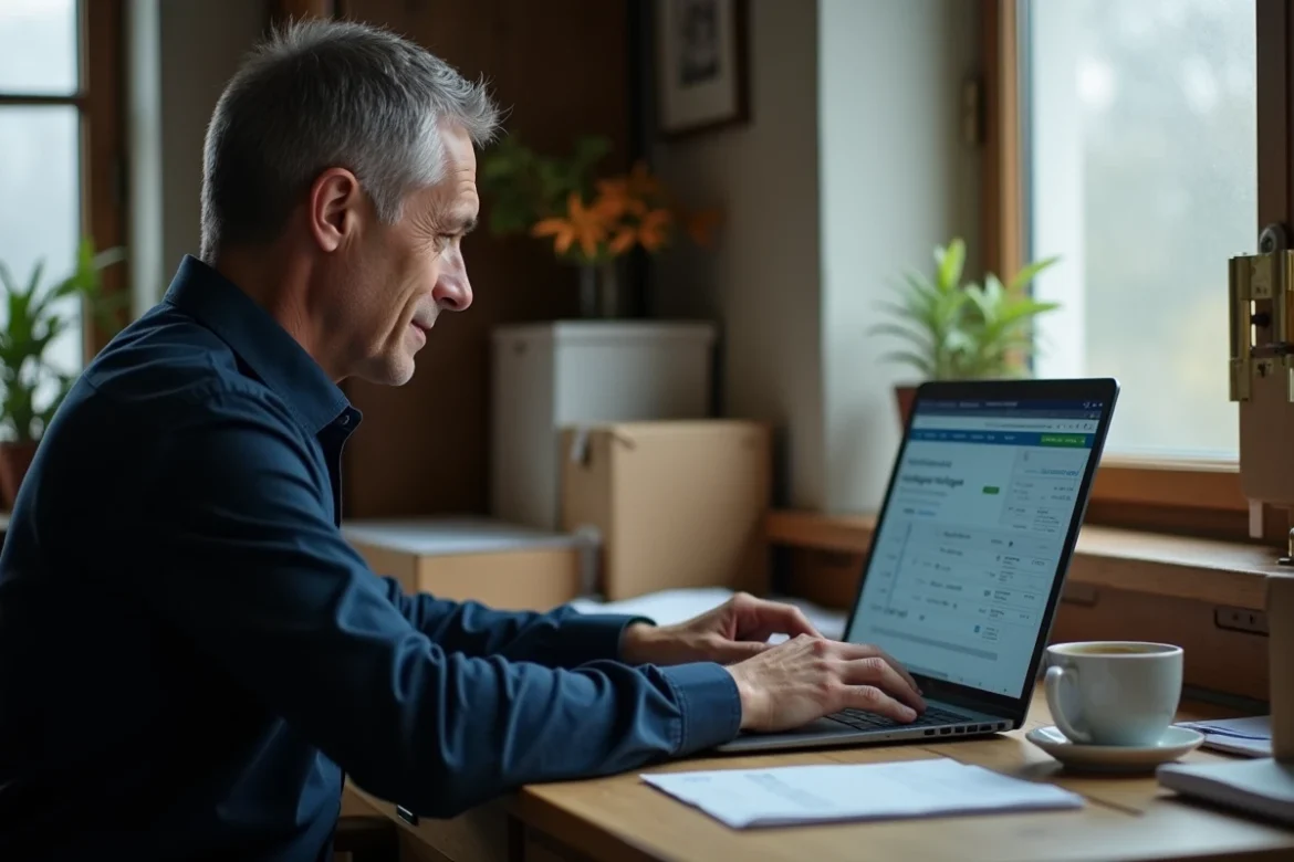 Homme consultant le suivi de colis en ligne sur ordinateur portable pour localiser un colis bloqué au site hub de Harnes