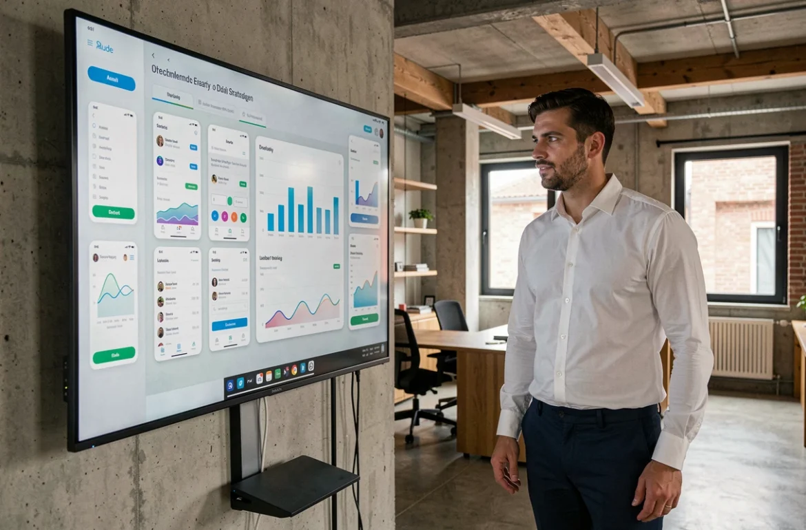Stratège digital de Sylapps dans l'Aude debout devant un écran affichant des interfaces mobiles et des tableaux de bord analytiques dans un espace de travail moderne