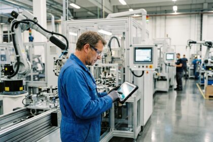 Technicien en usine examinant une tablette dans une ligne automatisée