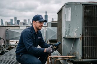 Technicien HVAC inspectant un condenseur industriel sur un toit urbain pour optimiser les consommations électriques