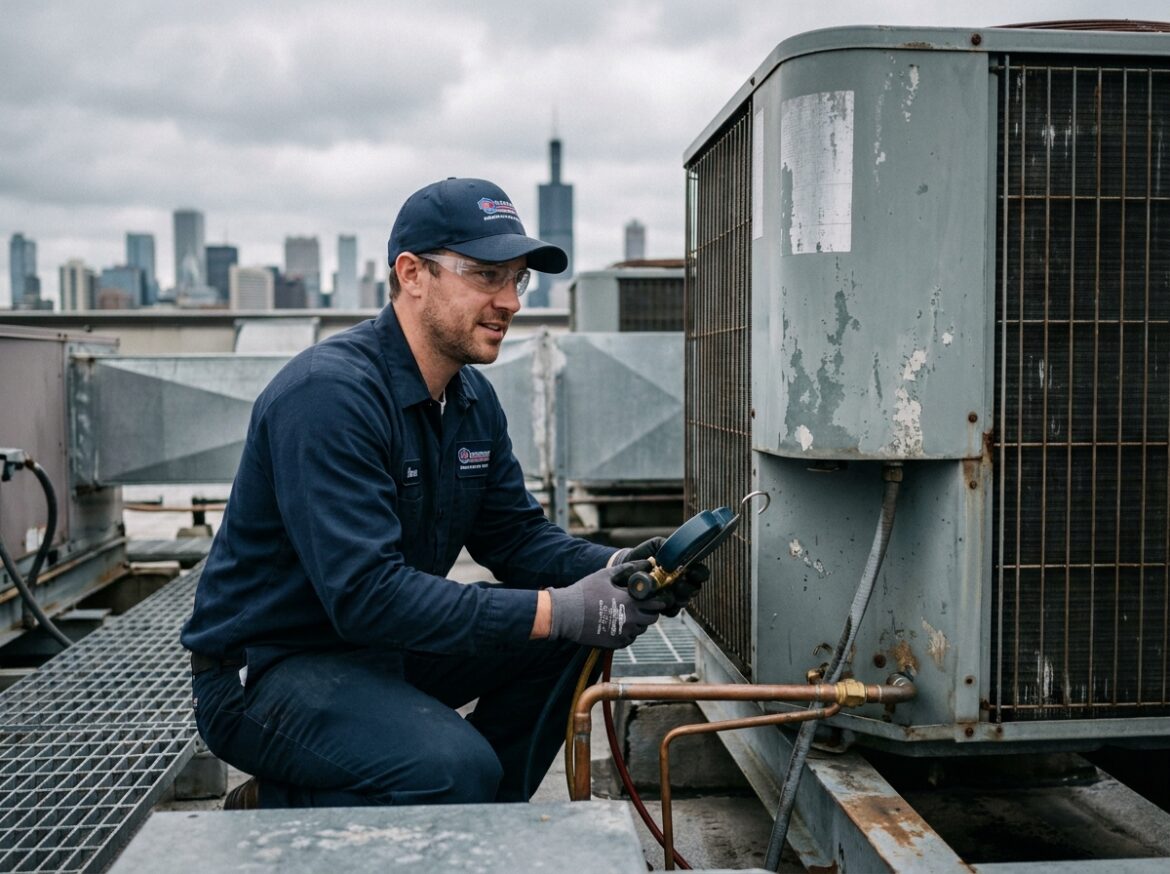 Technicien HVAC inspectant un condenseur industriel sur un toit urbain pour optimiser les consommations électriques