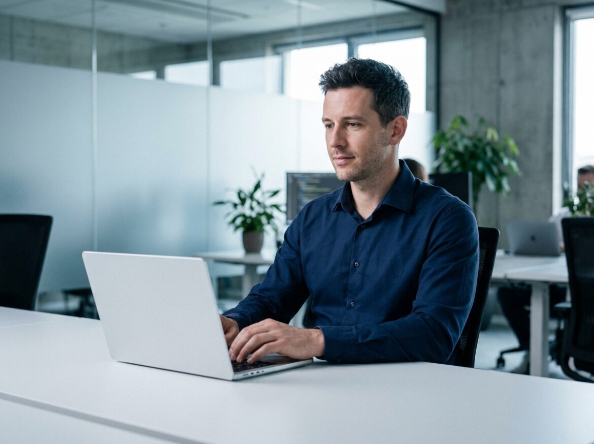 Technicien IT masculin travaillant sereinement sur un ordinateur portable dans un bureau moderne minimaliste, symbolisant la simplification du support informatique