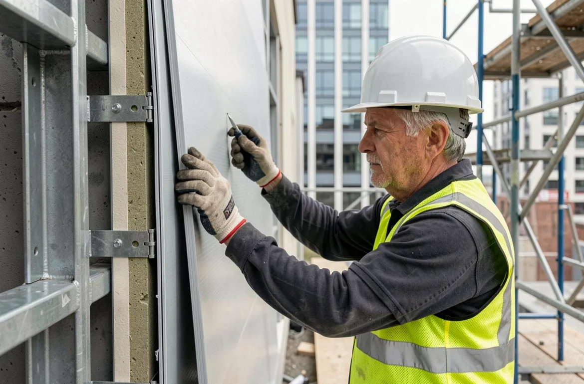 Technicien installant un panneau de façade SVC ventilée sur une ossature métallique en chantier