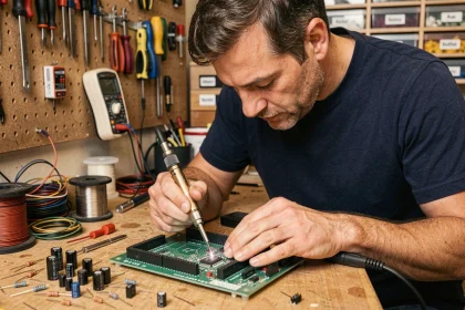 Technicien amateur en électronique soudant un circuit imprimé sur un établi d'atelier bien équipé