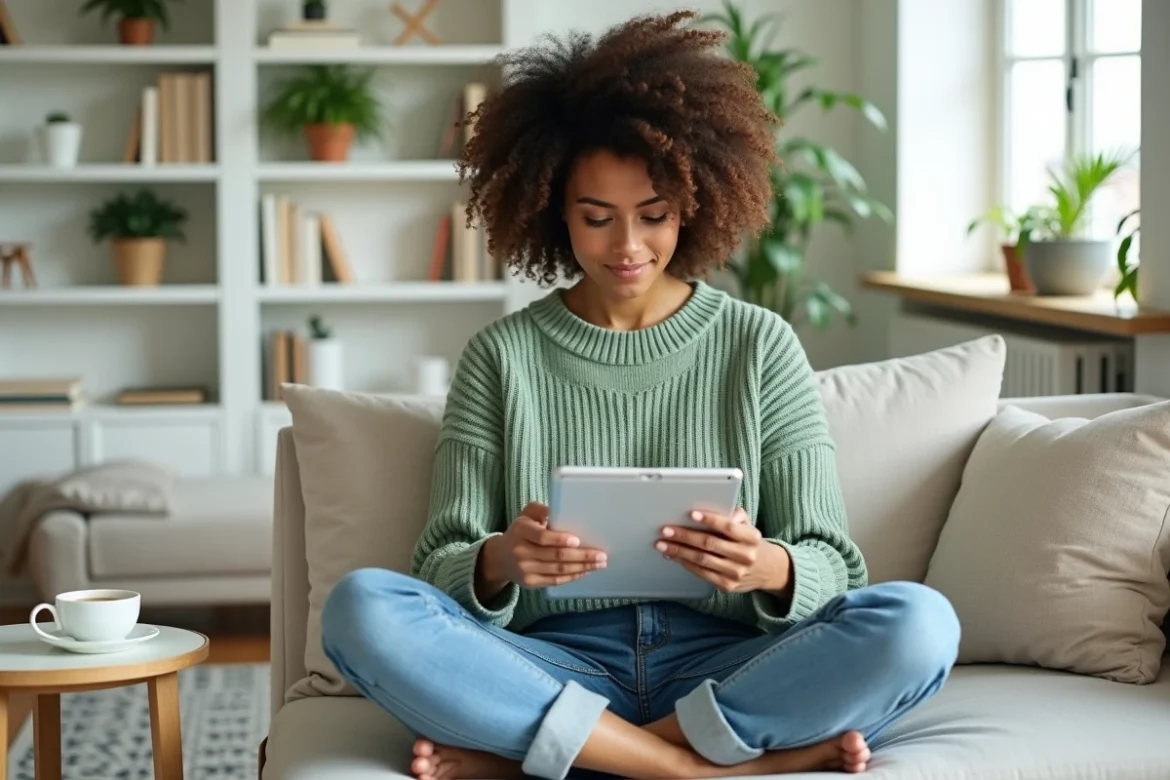 Jeune femme en télétravail modifiant une publication LinkedIn avec mise en forme en gras sur une tablette depuis son salon