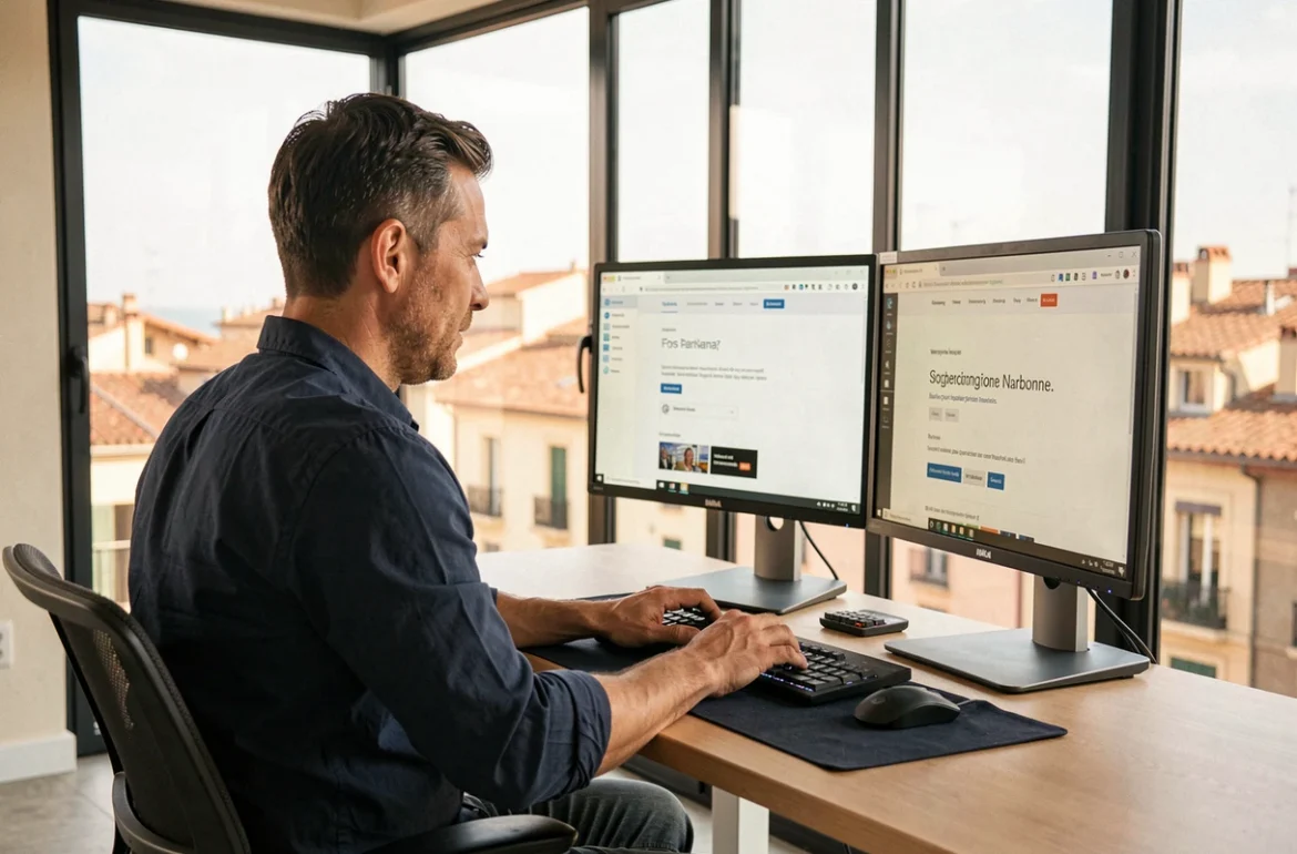 Développeur web de Tramontanaweb à Narbonne travaillant sur un projet de site internet dans un bureau moderne avec vue sur les toits méditerranéens