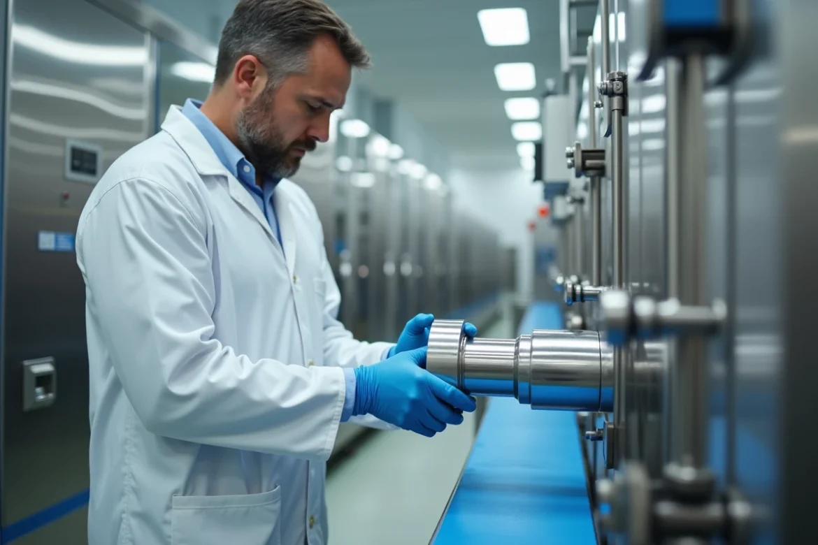 Technicien inspectant un tube inox 316L sur une ligne de production agroalimentaire laitière